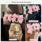 2PCS Satin Bow Pearl Car Seat Headrest Hooks – Car Bag Holder & Vehicle Hanger for Purses – Cute Coquette Aesthetic Interior Decoration – Cute Auto Organizer Accessories Universal (Pink)
