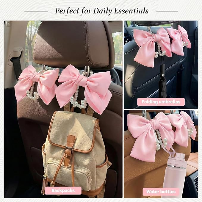 2PCS Satin Bow Pearl Car Seat Headrest Hooks – Car Bag Holder & Vehicle Hanger for Purses – Cute Coquette Aesthetic Interior Decoration – Cute Auto Organizer Accessories Universal (Pink)
