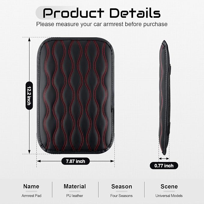 Car Center Console Cover, Upgraded Leather Car Armrest Cushion, Universal Waterproof Cushion Pad, Non-Slip Car Interior Accessories, Fits Most Sedans SUVs Trucks (Red Line)