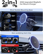 2-in-1 15W Magsafe Car Mount Charger, Magnetic Wireless Car Charger, 360° Dashboard & Air Vent Phone Mount, Phone Holders for Your Car, Car Accessories for Men Women for iPhone 17-12