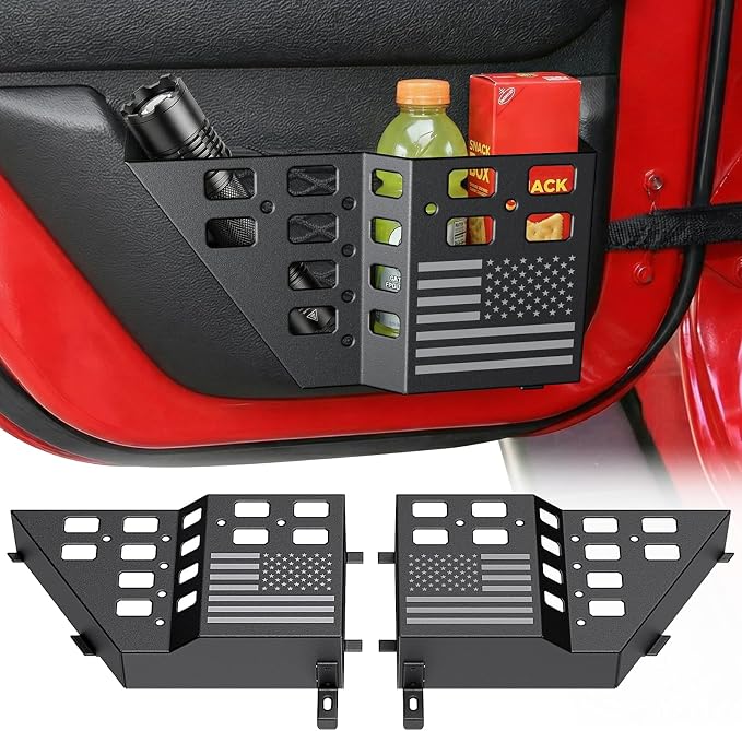 Metal Rear Door Pocket Storage Box for Jeep Wrangler JK JKU 2018 2017 2016 2015 2014 2013-2007 2/4 Door Accessories, Door Organizer Molle Panels, Flag, 2PCS