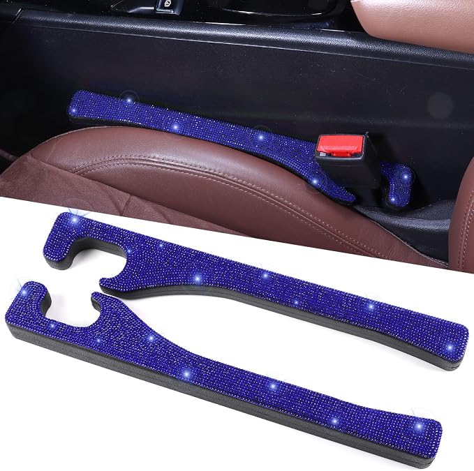 Bling Blue Car Seat Gap Filler 2 Pack Handmade Crystal Rhinestone Diamond Blue Gap Filler for Car SUV Truck Blue Bling Car Accessories for Women(Blue)