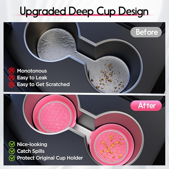 Car Cup Coaster Universal Non-Slip Cup Holders Bling Crystal Rhinestone Car Interior Accessories 2 Pack Peach Pink
