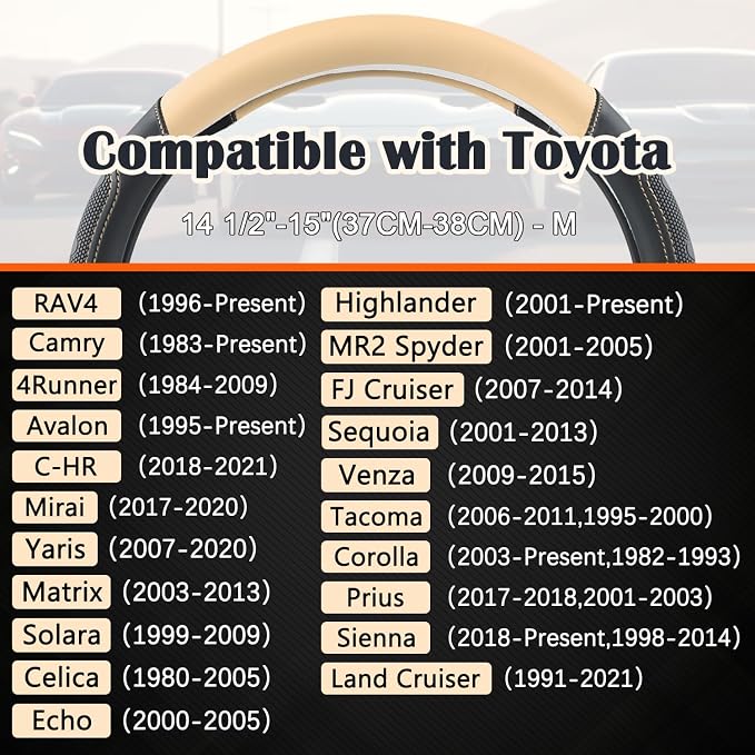 Car Steering Wheel Cover for Toyota RAV4,Camry,Highlander,Corolla,Prius,Tacoma,Standard Size - Black+Beige
