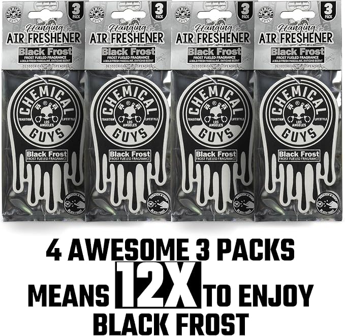Car Fresheners, Hanging Air Freshener, Black Frost Scent 12 Pack, Great for Cars, Trucks, SUVs, RVs, Home, Garage, Workspace, Dorm Room & More (4 x 3 Packs)