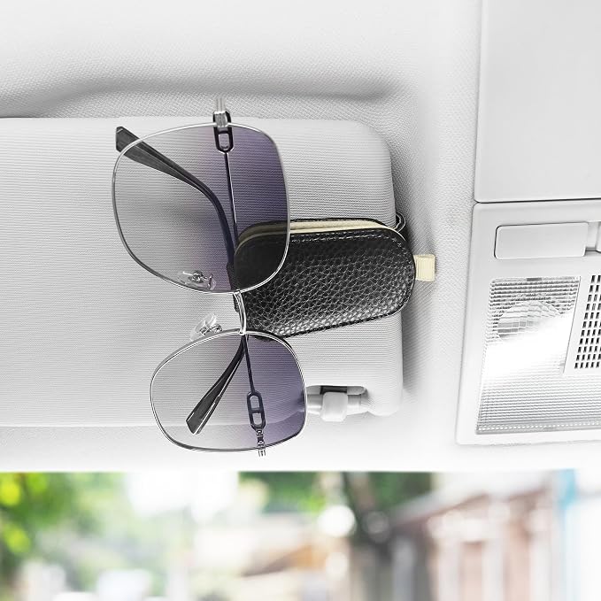 Sunglasses Holder for Car, Leather Magnetic Buckle Sun Visor Sunglass Clip, Ticket Card Storage Glasses Clip, Car Interior Accessories for Men and Women（2PCS Black-Beige）