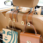 Car Headrest Hooks Universal Car Purse Hook Premium Leather and Alloy Twin Hook Car Seat Back Storage Hanger Hook for Purse Bags Cloth Drink Durable Holder Car Accessories (BH09-Brown-Gold)
