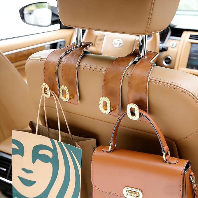 Car Headrest Hooks Universal Car Purse Hook Premium Leather and Alloy Twin Hook Car Seat Back Storage Hanger Hook for Purse Bags Cloth Drink Durable Holder Car Accessories (BH09-Brown-Gold)