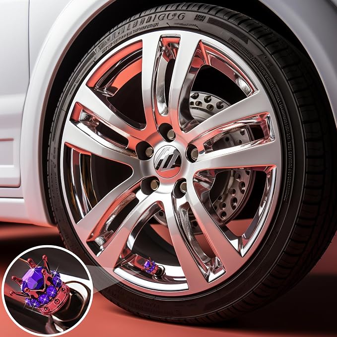4PCS Crown Bling Tire Stem Valve Caps, Crystal Diamond Car Wheel Tire Valve Caps Universal Copper Core Stem Covers for Cars, SUV, Trucks, Bikes, Motorcycles, Bicycles (Red & Purple)
