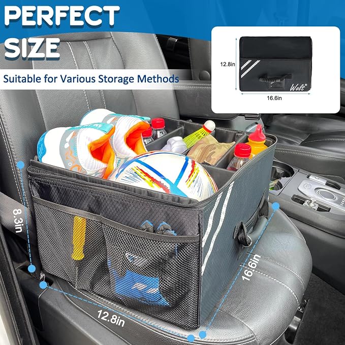 Car Trunk Organizer with Lid, Collapsible Multi Compartment SUV Organizer with Non-Slip Base Adjustable Straps