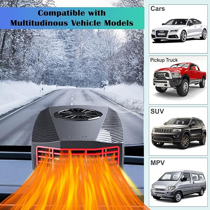 Car Heater,12V 150W Portable 2-in-1 Heating and Cooling Fan with Cigarette Lighter Plug, 360 Rotation Base Windshield Defogger Defroster for All Cars