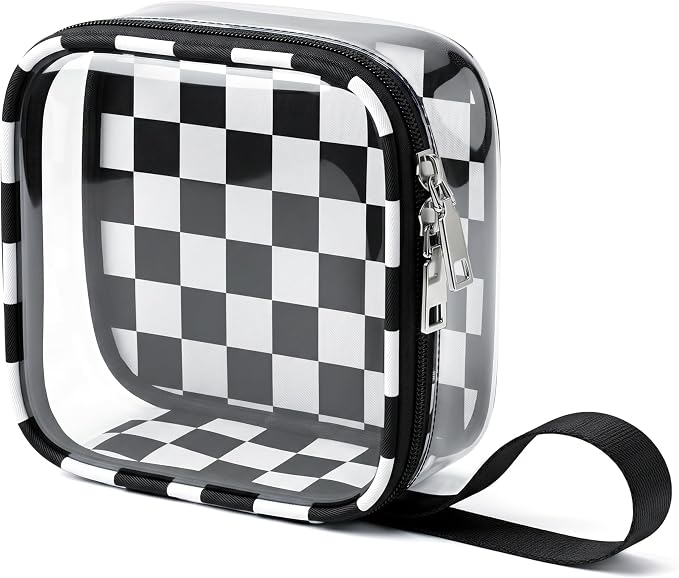 Preppy Clear Makeup Bag Travel Cosmetic Case Transparent Black and Beige Checkered Toiletry Bag with Zipper,Portable Make Up Organizer Traveling Compact Car Bag for Essentials