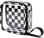 Preppy Clear Makeup Bag Travel Cosmetic Case Transparent Black and Beige Checkered Toiletry Bag with Zipper,Portable Make Up Organizer Traveling Compact Car Bag for Essentials