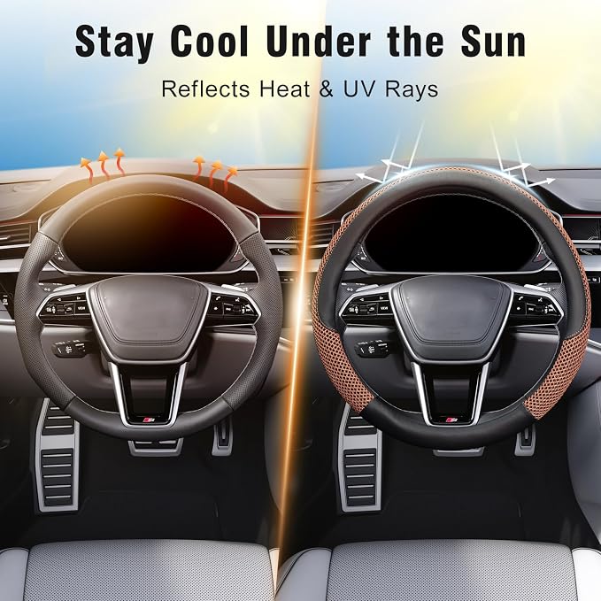 Steering Wheel Cover, Universal 15 inch, Microfiber Leather Viscose, Breathable, Anti-Slip,Warm in Winter and Cool in Summer, Black&Brown