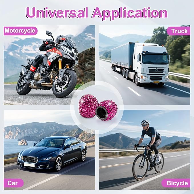 4 Pack Handmade Crystal Rhinestone Tire Valve Stem Caps, Universal for Cars, Trucks and Motorcycles - Violet Red