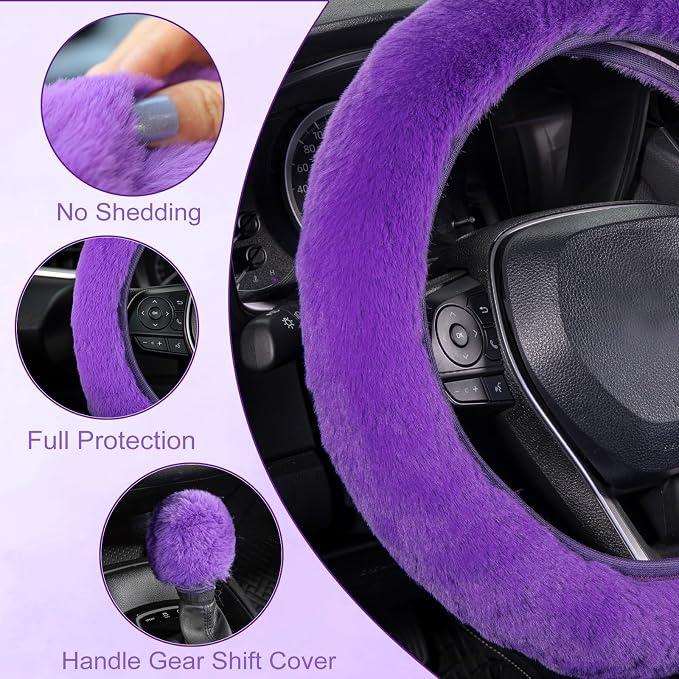 Furry Car Steering Wheel Cover with Fluffy Gear Shift Cover Soft Warm Non-Slip Car Decoration for Women Girls 2 PCS Set, Purple