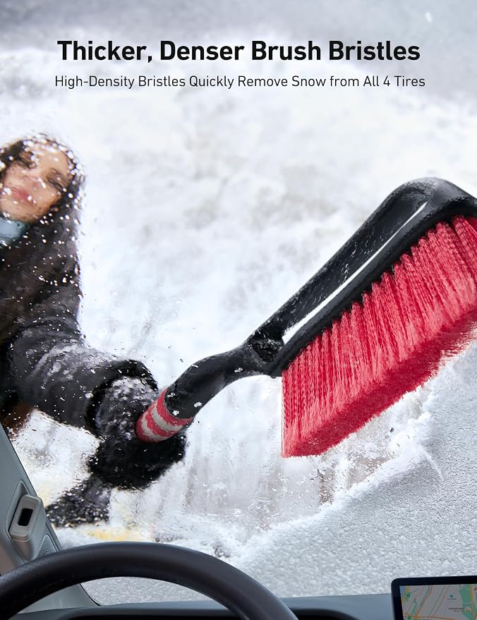 27" Snow Brush and Ice Scrapers for Car Windshield, Detachable Snow Scrapers with Ergonomic Foam Grip for Cars, Trucks, SUVs (Heavy Duty ABS, PVC Brush, Red)