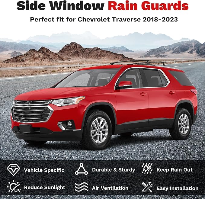 Traverse Rain Guards - Window Visors for Chevrolet Chevy Traverse 2018-2023, Outside-Mount Tape-On Side Window Wind Deflectors for Traverse Accessories, Vent Visors Shades Rainproof Black 4PCS