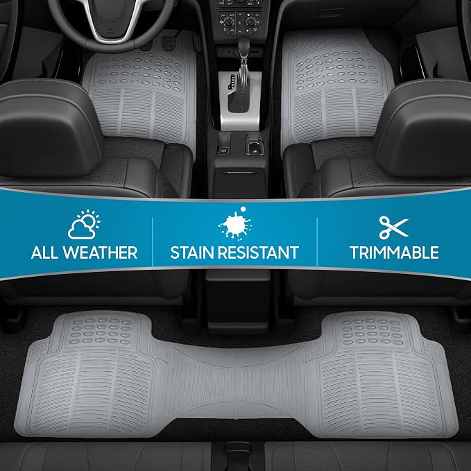 ProLiner Car Floor Mats for Cars Trucks SUV, 3-Piece All-Weather Heavy Duty Rubber Liners with Universal Trimmable Fit, Durable Waterproof Vehicle Auto Floor Mats with Capture Ridges Gray