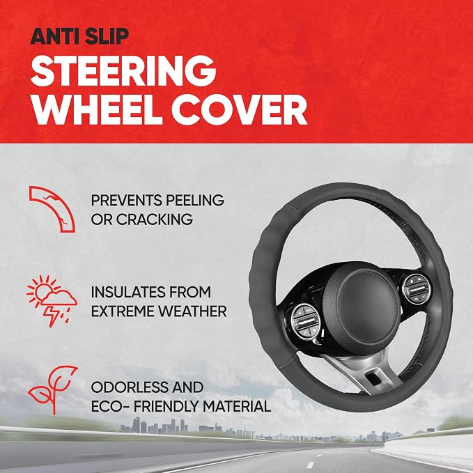 Soft Touch Leather Gray Steering Wheel Cover with Grooves, Advanced Traction Universal Fit for Standard Sizes 14.5 15 15.5 inches