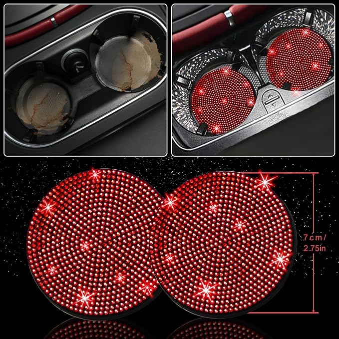 12 Pcs Bling Car Accessories Set for Women Car Floor Mats Full Set Steering Wheel Cover Seat Belt Covers Coasters Universal Fit Car SUV Truck Van Red
