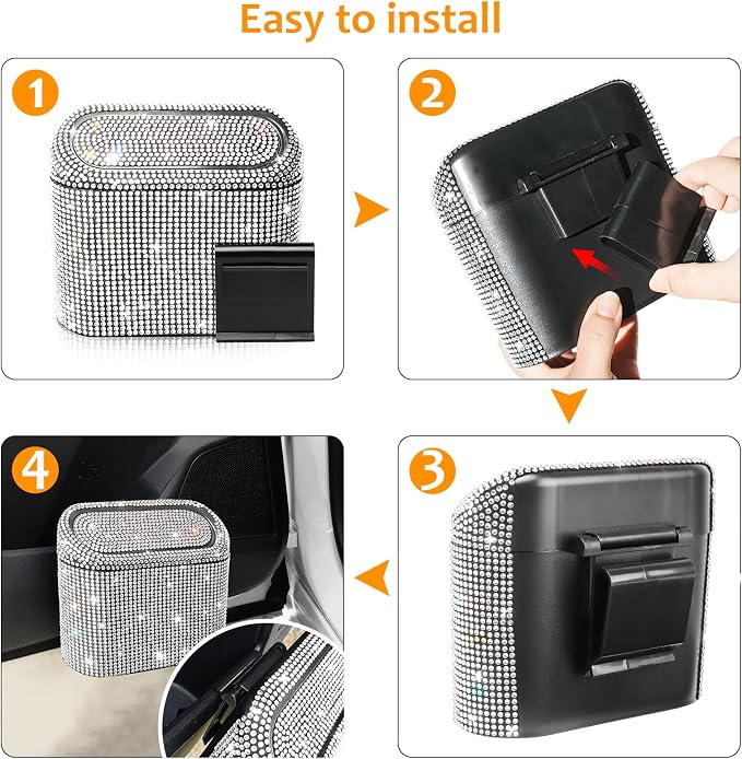 Bling Car Trash Can with 30pcs Garbage Bags, Vehicle Trash Bin with Lid Auto Dustbin Organizer Garbage Storage, Sparkling Crystal Mini Trash Container Holder