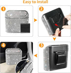 Bling Car Trash Can with 30pcs Garbage Bags, Vehicle Trash Bin with Lid Auto Dustbin Organizer Garbage Storage, Sparkling Crystal Mini Trash Container Holder