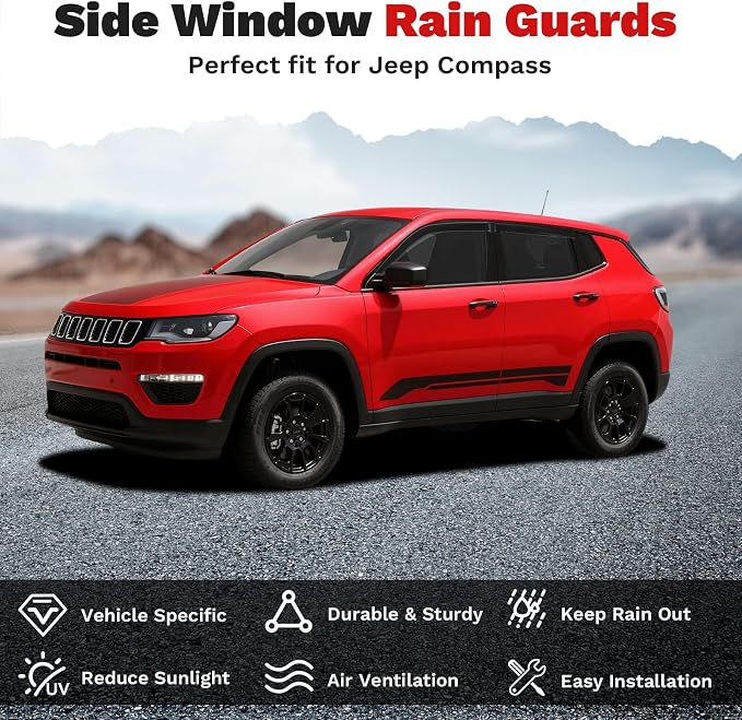 Compass Window Visors - Rain Guards for 2017-2025 2026 Jeep Compass Accessories, Outside-Mount Tape-On Side Window Wind Deflectors Vent Visors Shades Rainproof 4PCS