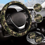 Green Camo Steering Wheel Cover Anti-Slip and Practical 14.5-15 Inch Universal Car Steering Wheel Cover with 2 Pieces Car Coasters Suitable for Men Women