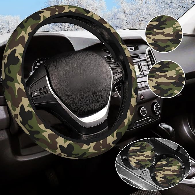 Green Camo Steering Wheel Cover Anti-Slip and Practical 14.5-15 Inch Universal Car Steering Wheel Cover with 2 Pieces Car Coasters Suitable for Men Women