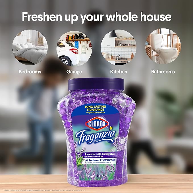 Fraganzia Crystal Beads Air Freshener, Long Lasting Room Deodorizer and Odor Eliminator Gel Beads to Freshen Home, Car, or Office, Lavender with Eucalyptus Scent, 12 Fl Oz