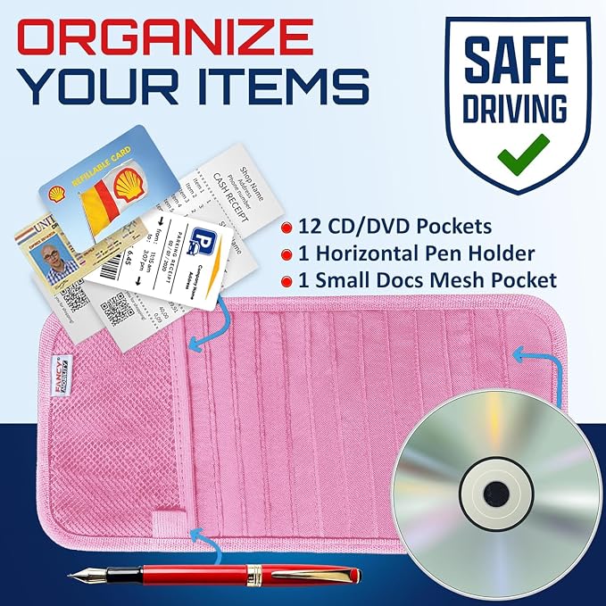 CD Case Holder for Car - Sun Visor Organizer for 12 CD’s/Dvd’s, 1 Mesh Pocket & 1 Horizontal Pen Holder - Safe, Ergonomic Design (Pink)