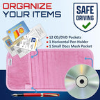 CD Case Holder for Car - Sun Visor Organizer for 12 CD’s/Dvd’s, 1 Mesh Pocket & 1 Horizontal Pen Holder - Safe, Ergonomic Design (Pink)