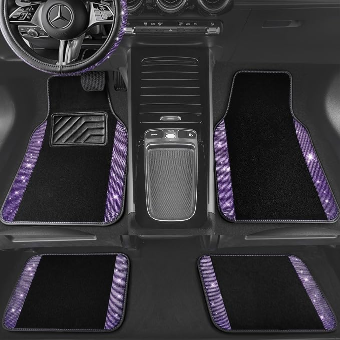 Bling Diamond Leather Steering Wheel Cover 14.5in-15in Floor Mats Shining Rhinestone Carpet Sparkly Glitter Crystal Anti-Slip Pad Fit Automotive SUV Pickup Truck Girl Women, 5pcs Black Purple