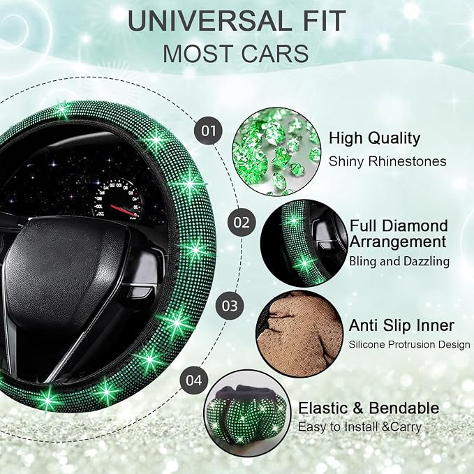 27 PCs Green Bling Car Accessories Set for Women, Steering Wheel Covers Universal Fit 15 Inch, Bling License Plate Frame, Bling Phone Holder, Bling Car Coasters (Green Diamond)