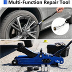 2.5T Floor Jack, 5500 lbs, 3.35"-14.96" Lift, Tire Kit, Pads, Sockets & Bag | Steel jack, 3.35"-14.96" lift. 360° swivel handle, rear casters. Includes tire kit, 2 rubber pads, 2 sockets & bag.