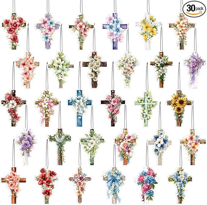 30 Pack Christian Cross Air Fresheners Bulk Religious Fresh Flower Scented Hanging Ornaments for Rearview Mirror Cross Fresheners Accessories for Women Men