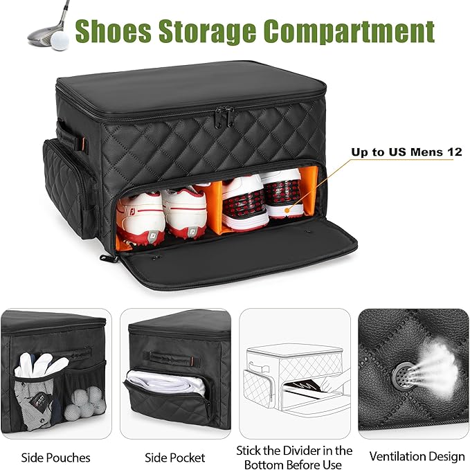 2 Layer Golf Trunk Organizer, Golf Car Storage Organizer with Individual Ventilated Compartment for 2 Pairs Shoes, Golf Car Locker for Balls, Clothes, Tees, Gloves, Accessories (Black)