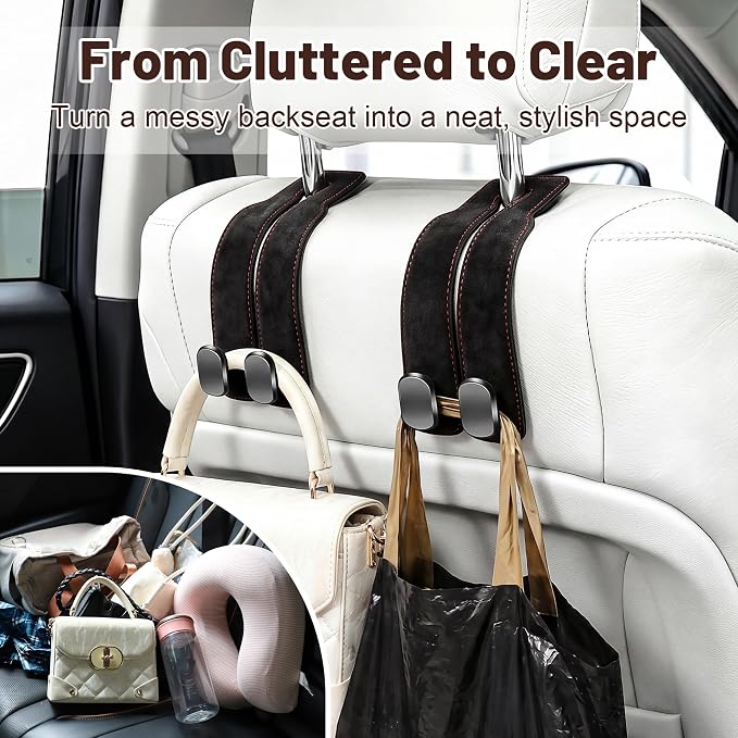 SUKIPIN Car Hooks, Car Seat Headrest Hooks for Purses and Bags 4-Pack Black | Car Accessories for Women, Solid Durable Construction, Quick Tool-free Mounting, Universal Fit for Most Vehicle Headrests