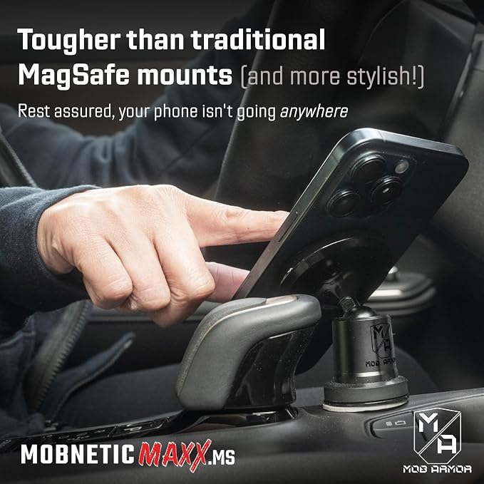 MobNetic Maxx MS - MagSafe Compatible Car Phone Mount w/ 90º Tilt, 360º Rotation & Durable Aluminum Build, Magnetic Holder for iPhone & Android Devices, USA Assembled - Black Chrome