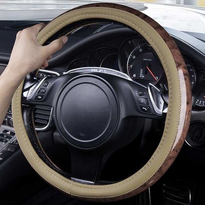 Wood Grain 14.5-15 inch Microfiber Leather Steering Wheel Cover, Anti-Slip Veins Design Steering Wheel Universal Fit for Most Cars, Sedans, SUV， Beige