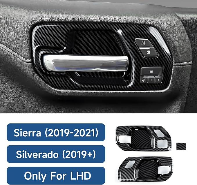 Car ABS Carbon Fiber Front Inner Door Handle Cover Interior Trim Side Mirror Decor for 2019-2025 Chevy Silverado | for 2019-2021 GMC Sierra 1500 2500 3500 HD Accessories