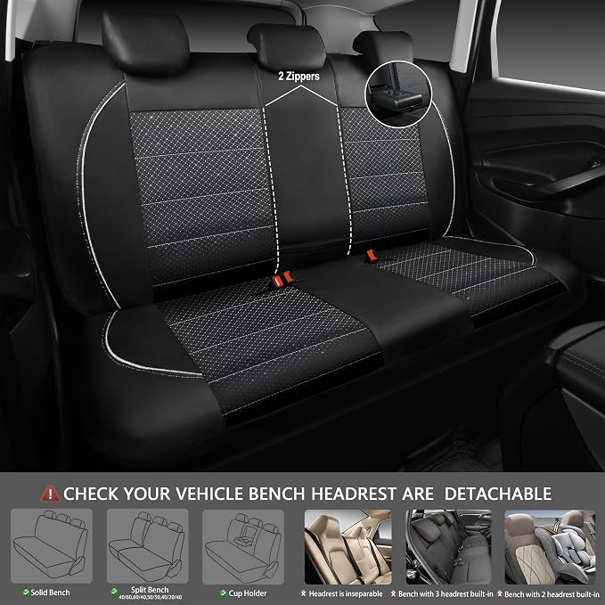 Piping PU Leather Car Seat Cover Full Set, Inside Zipper Design and Reserved Opening Holes, Airbag Compatible,Universal FIT for Car, SUVs,Van,Trucks（Full Set, Black & Silver