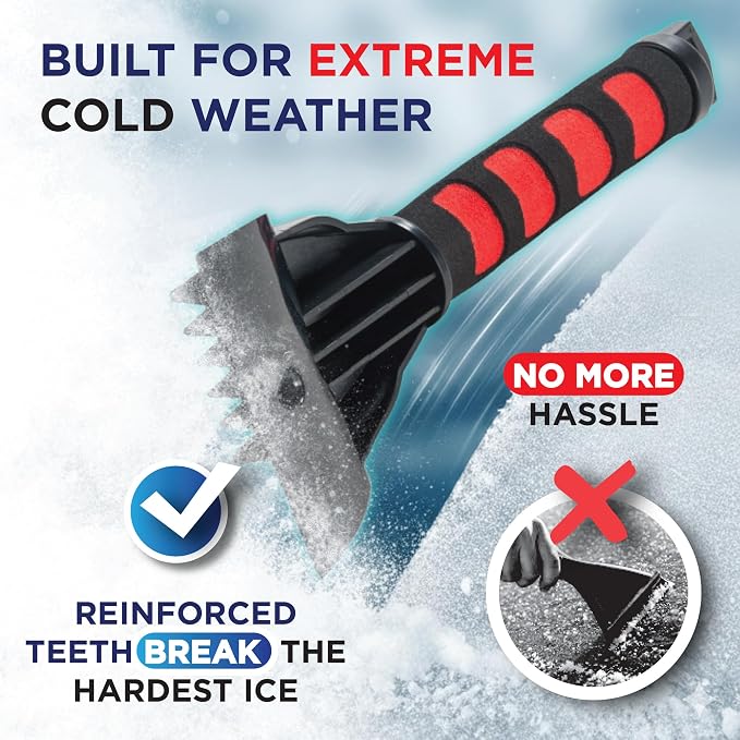 Ice Scraper for Car Windshield & Windows - Tough Reinforced Plastic Handle - Chisel Side for Frost, Claw Side for ICY Chunks