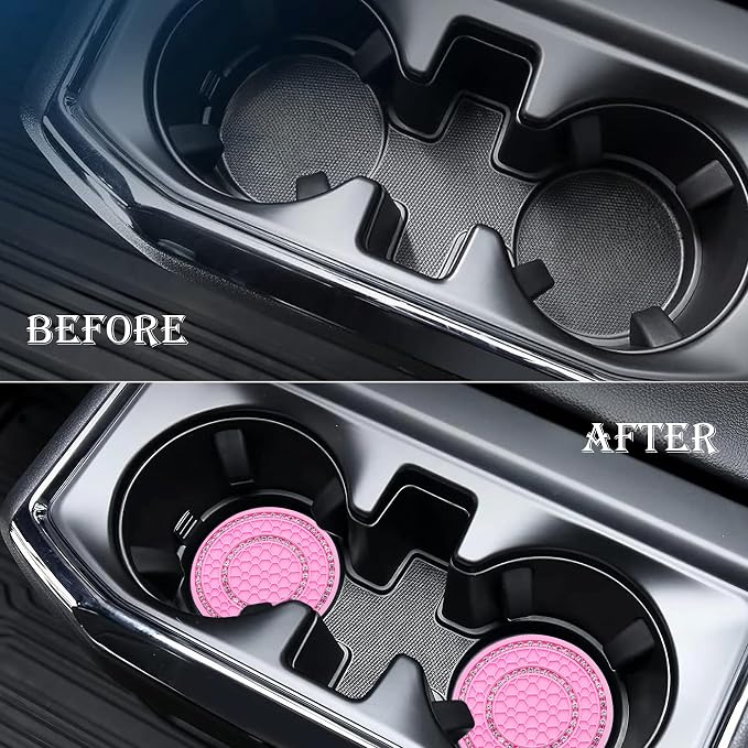 2PCS Bling Crystal Rhinestone Cup Holder Coaster, 2.75 inch Soft Silicone Anti-Slip Shockproof, Car Cup Holder Insert Coasters, Universal Car Interior Accessories for Women (Pink & White)