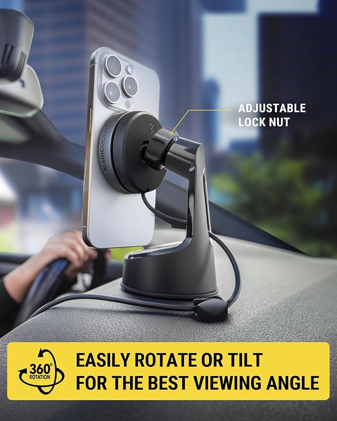 Qi2 MagSafe Car Mount, 15W Wireless Charging Suction Cup Phone Mount, Magnetic Windshield/Dashboard Cell Phone Holder with Fast USB-C Car Charger Compatible with iPhone 16/15/14/13/12, S25