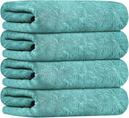 Microfiber Bath Towels, Bath Towel 4 Pack(30" x 60"), Oversized, Soft, Super Absortbent and Fast Drying, Multipurpose Use for Sports, Fitness, Yoga, Green-Floral Embossed