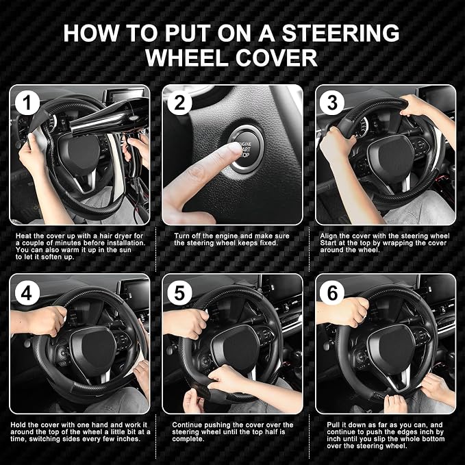 Car Steering Wheel Cover Standard Medium Size 14 1/2-15 inch, Non-Folding Packaging, Heavy Duty, Non-Slip, Black Microfiber Leather with Carbon Fiber Pattern