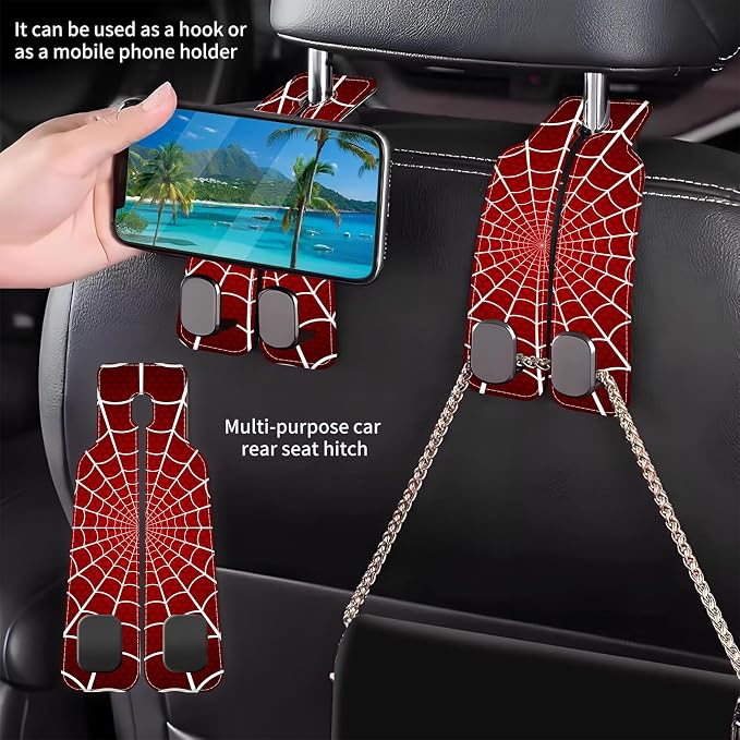 1 Pack Purse Hook for Car Red and White Spider Web Headrest Back Seat Hook Premium Leather Double Metal Hanger Storage Pack Bag Purse Holder Car Accessories
