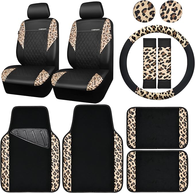 Leopard Print Faux Leather Car Seat Covers & Leopard Car Mats&Leopard Steering Wheel Cover Seat Belt Pad Universal Car Accessories for SUV,Van,Saden,Truck Automobile Interior Sets